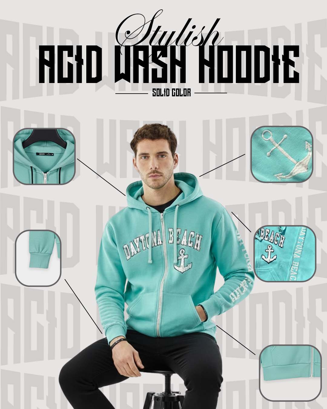 Daytona Acid wash Hoodie (TEAL) color