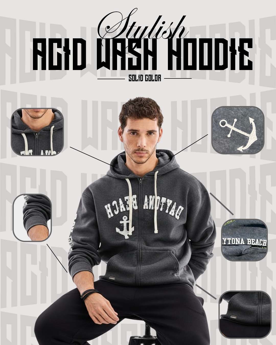 Daytona Hoodie Acid Wash (Charcoal ) color